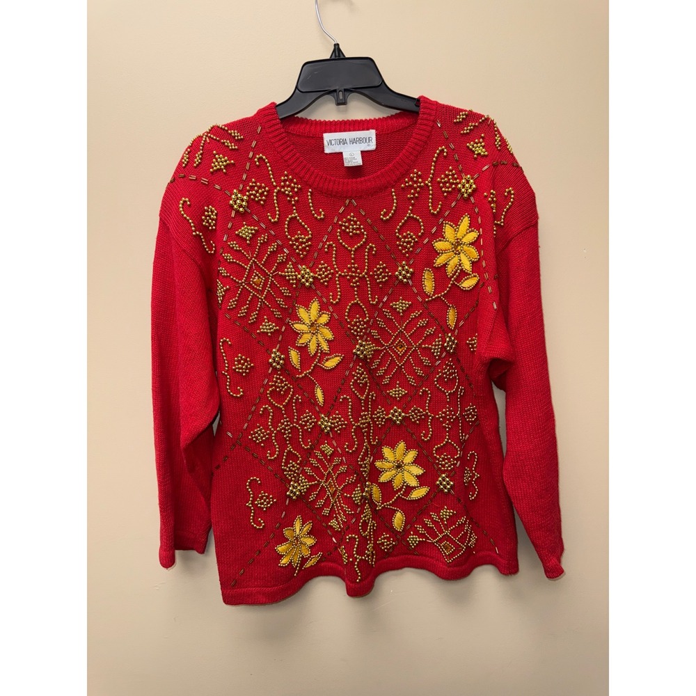 Victoria Harbour Red Beaded Floral Sweater Womens Large Crew Neck Ramie Cotton